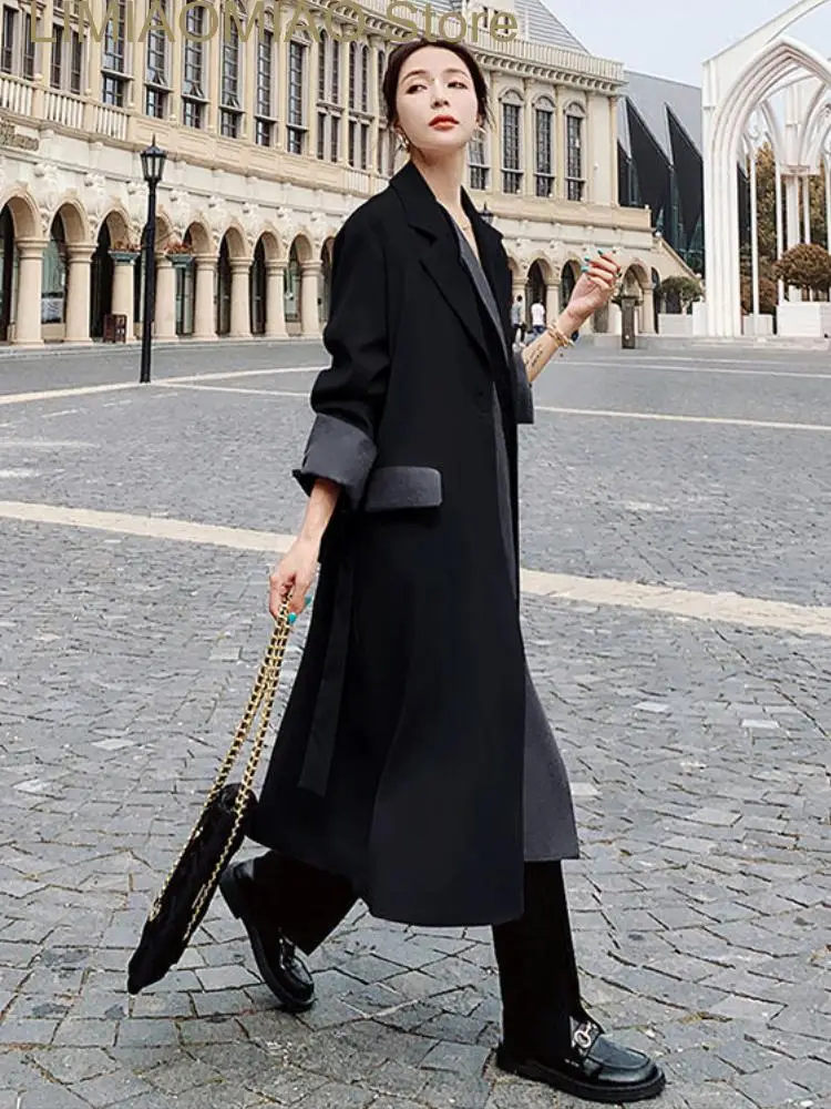 New Spring Autumn Jackets for Women Lapel Patchwork Suit Coat Long Windbreaker Trench Coat for Women Winter Clothes Women Tops