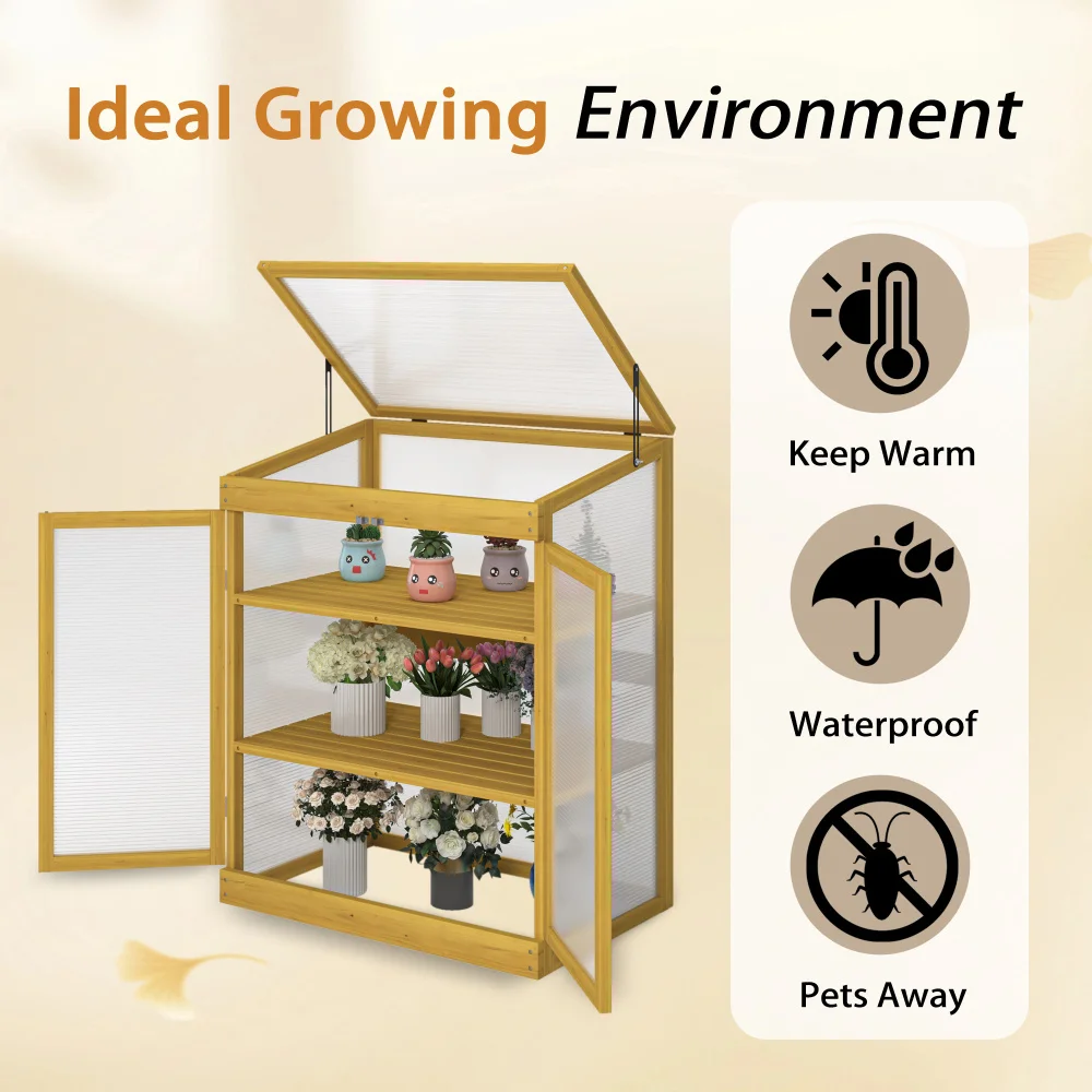 Greenhouse Wooden Cold Frame Greenhouse, Mini Greenhouse for Outdoor, Polycarbonate Garden Greenhouse Cabinet 2-Tier, Keep