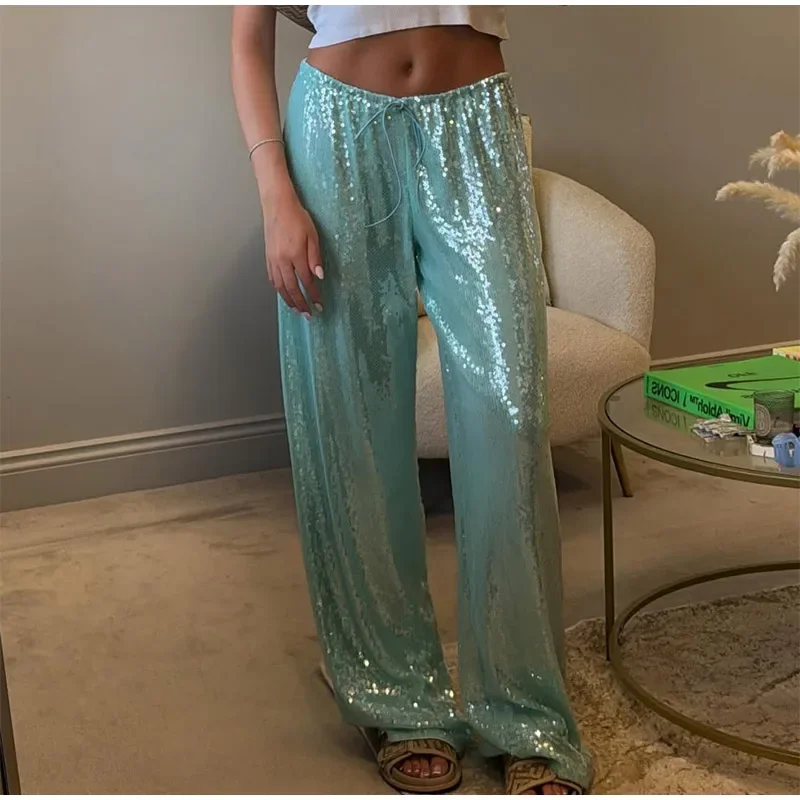 Street Sequin Lace Up Pants Women Elastic Low Waist Wide Leg Trousers Female 2026 Spring Summer Lady Shiny Party Club Clothes