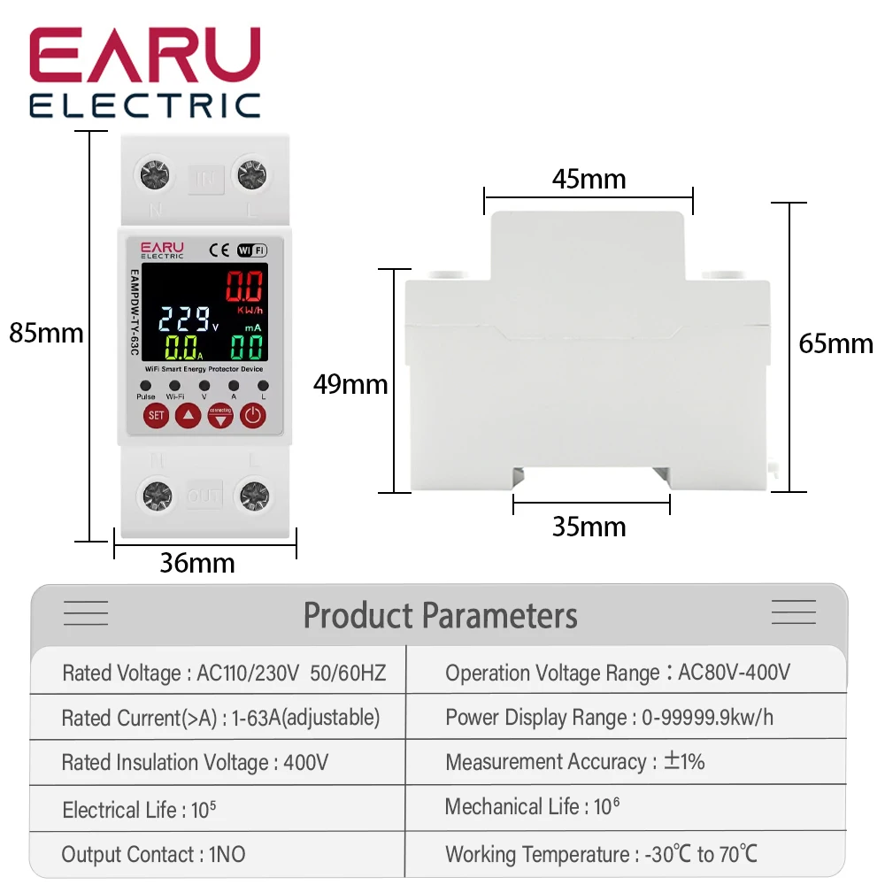 63A AC 230V Tuya WiFi Smart Energy Meter Power kWh Meter Earth Leakage Over Under Voltage Protector Relay Device Switch Breaker