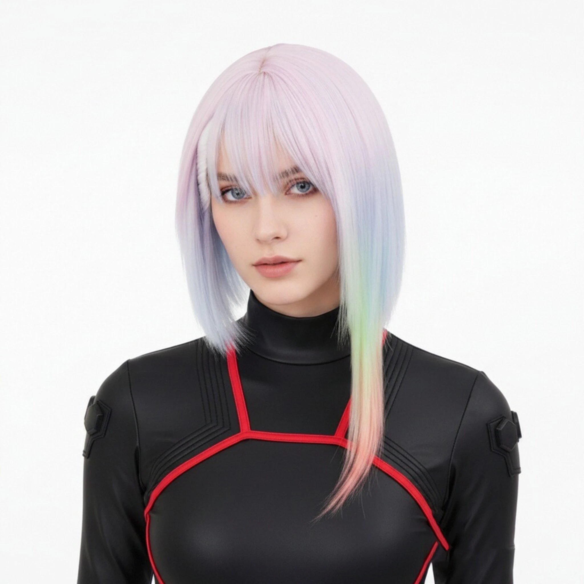 Perruque courte synthétique multicolore dégradée Lucy Pastel, style punk, pour cosplay de personnages d'anime et de jeux vidéo, thème science-fiction, pour fête