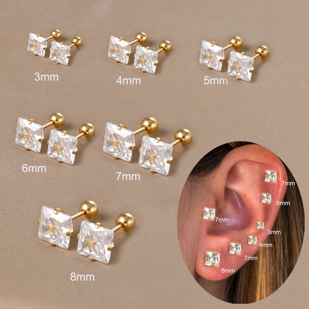 2PC Stainless Steel Shiny Zircon Square Earrings For Women Fashion Korean 3/4/5/6/7/8mm Helix Tragus Cartilage Piercing Jewelry