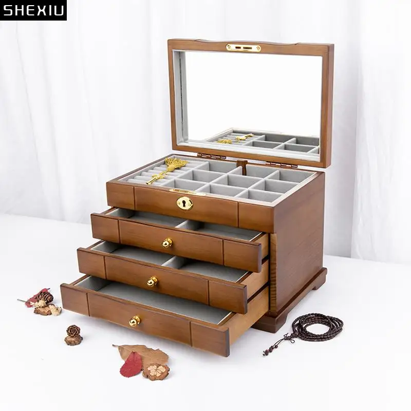 

Drawer Type Multi-layer Separate Grid Storage Box with Lock Makeup Box Vanity Mirror Jewelry Organizer Earrings Hanging Rack