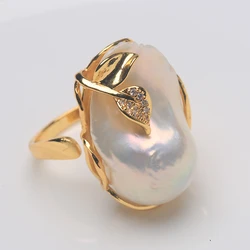 Leaf set diamond design  Natural Freshwater Baroque Large irregularity Pearl Ring 15-25MM adjustable size gift for woman RL