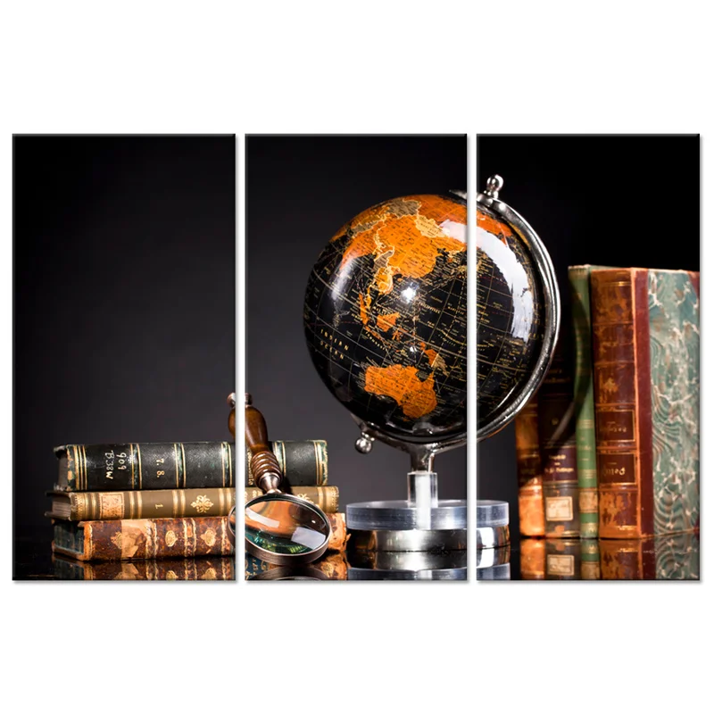 3 Pieces Globe and Books Poster Wall Decor Magnifying Glass Print Canvas Art Modern Style Picture Living Room Wall Art