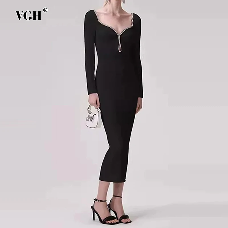 

VGH Hollow Out Solid Patchwork Diamonds Dresses For Women Square Collar Long Sleeve High Waist Slimming Dress Female Fashion New