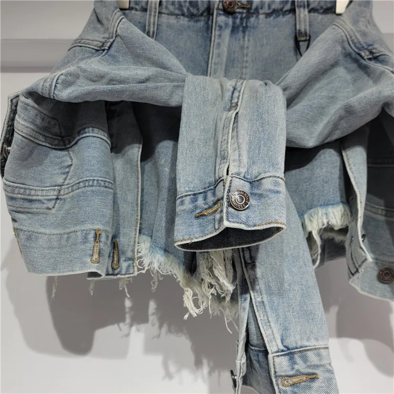 Denim Shorts Women Jeans Vintage Washed A Line Slim Fit Low Waist Straight Trousers Lace Up Y2k Streetwear Splice Casual Beach - view 6