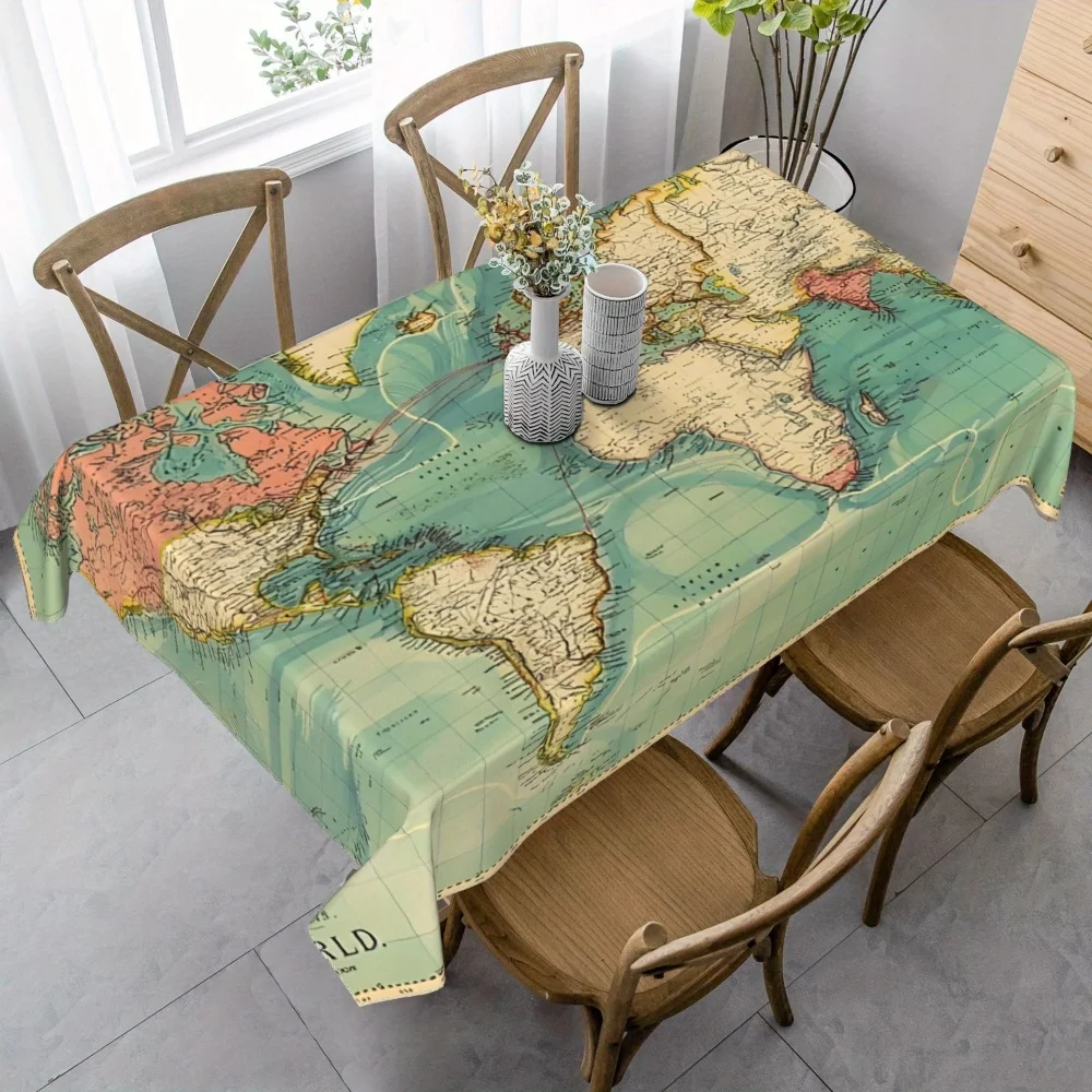 American Retro World Map Tablecloth Literary Pattern Polyester Table Cover Versatile Decor for Coffee Shop Restaurant Study Home