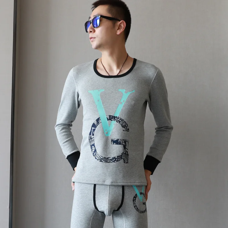 Men's Fashionable Thermal Underwear Thick Velvet Warm Legging Casual Homewear Base Youth Round Neck Autumn Clothes and Pants Set