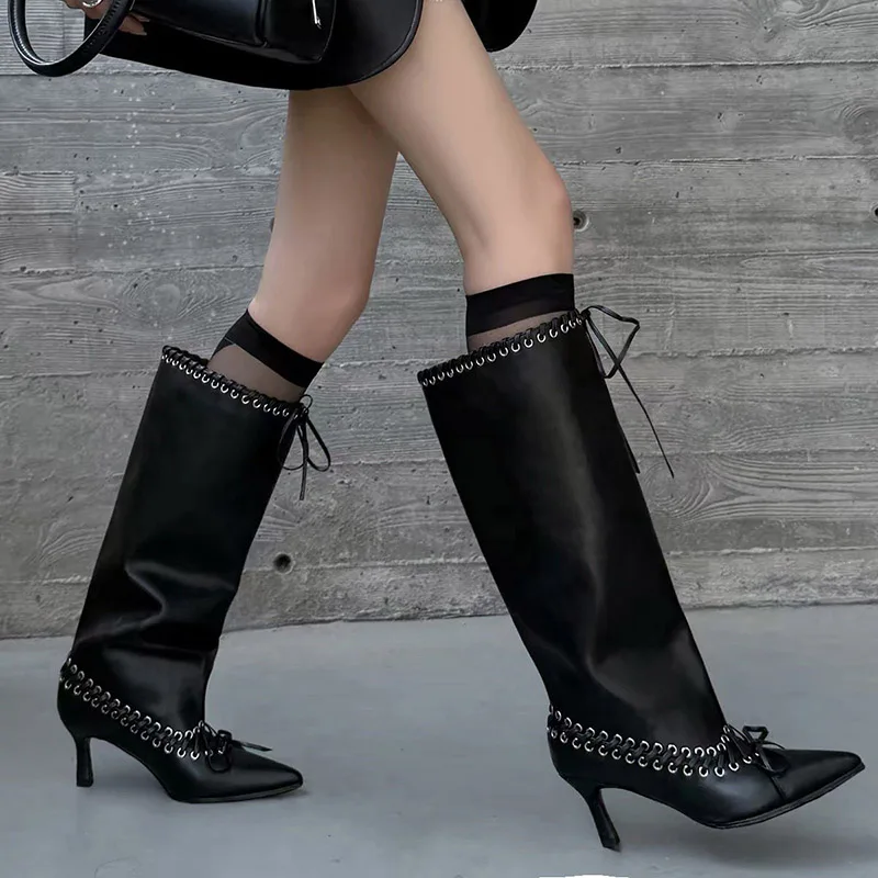 Women Knee High Boots Pointed Stiletto Heel Lace Up Bowknot PU Leather Wide Calf Tall Boots Club Party Autumn Winter Boots Shoes - view 5