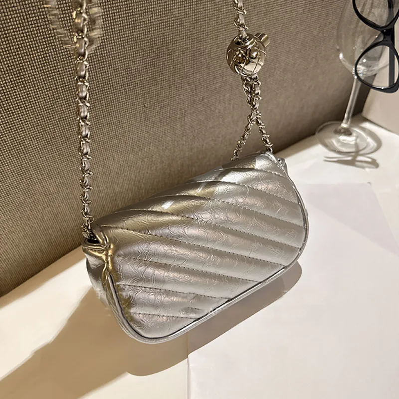 Silver Mini Crossbody Bags for Women Fashion Office Lady Rhomboid Lattice Shoulder Bag All-match PU Leather Chain Mini Handbag