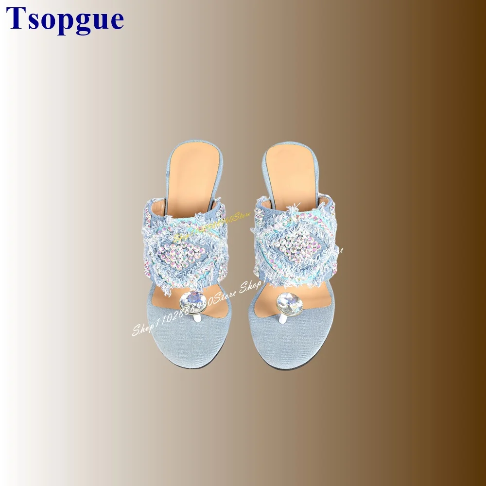 Light Blue Denim Crystal Decor Flip Flops Teeth Heel Women Shoes Cut Heel Slip On Open Toe 2024 Fashionable Zapatos Para Mujere