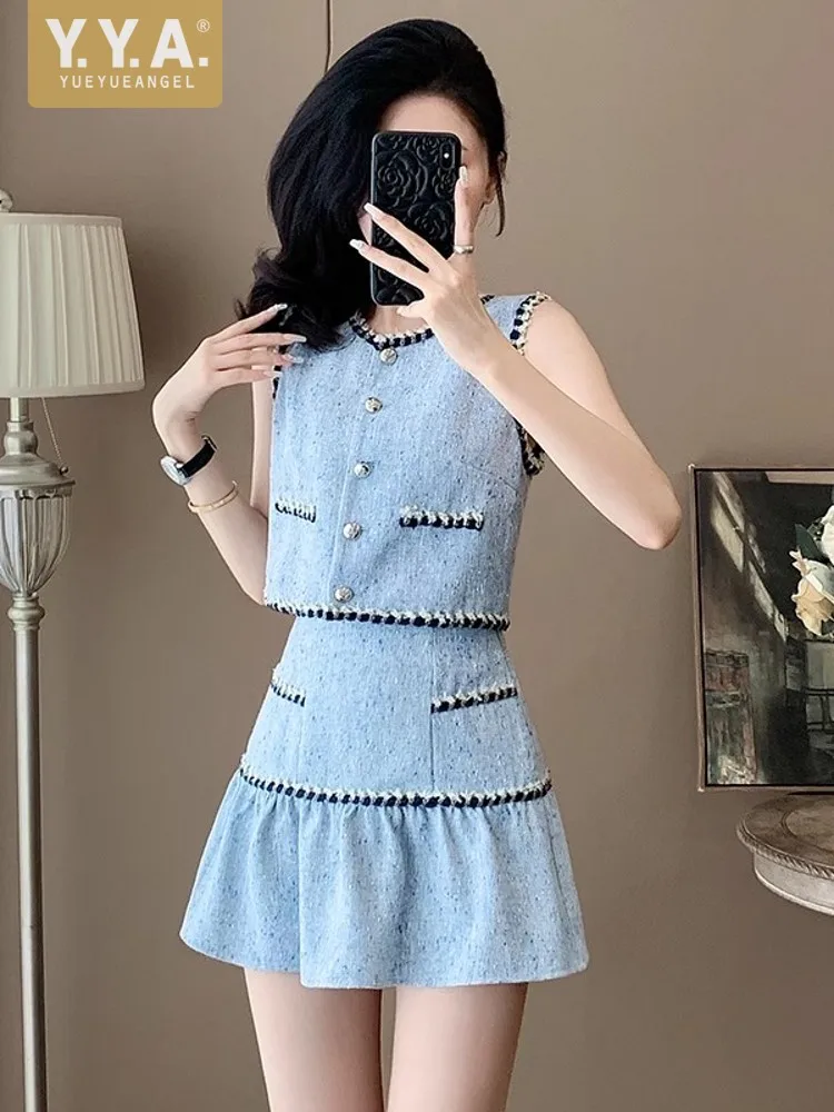 

Women Summer Sweet Tank Top Mini Skirt Two Piece Set Slim Fit Ladies Single Breasted Vest High Waist Skirt Matching Set Outfits