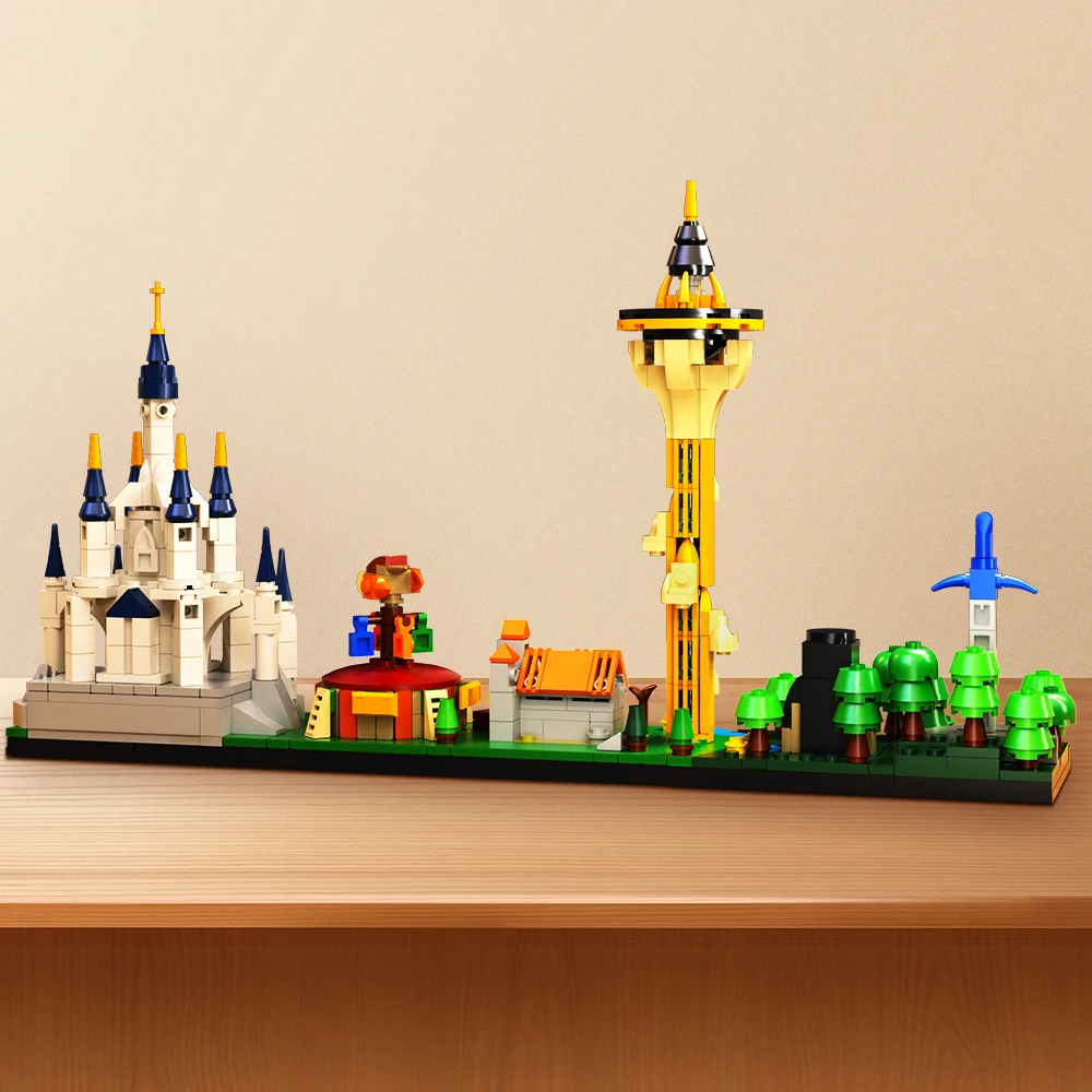 MOC Zeldaed Skyline Modello Building Blocks Hyrule Castello Tempio SheikahTower Spada laser Foresta Architettura Mattoni Giocattolo Regalo