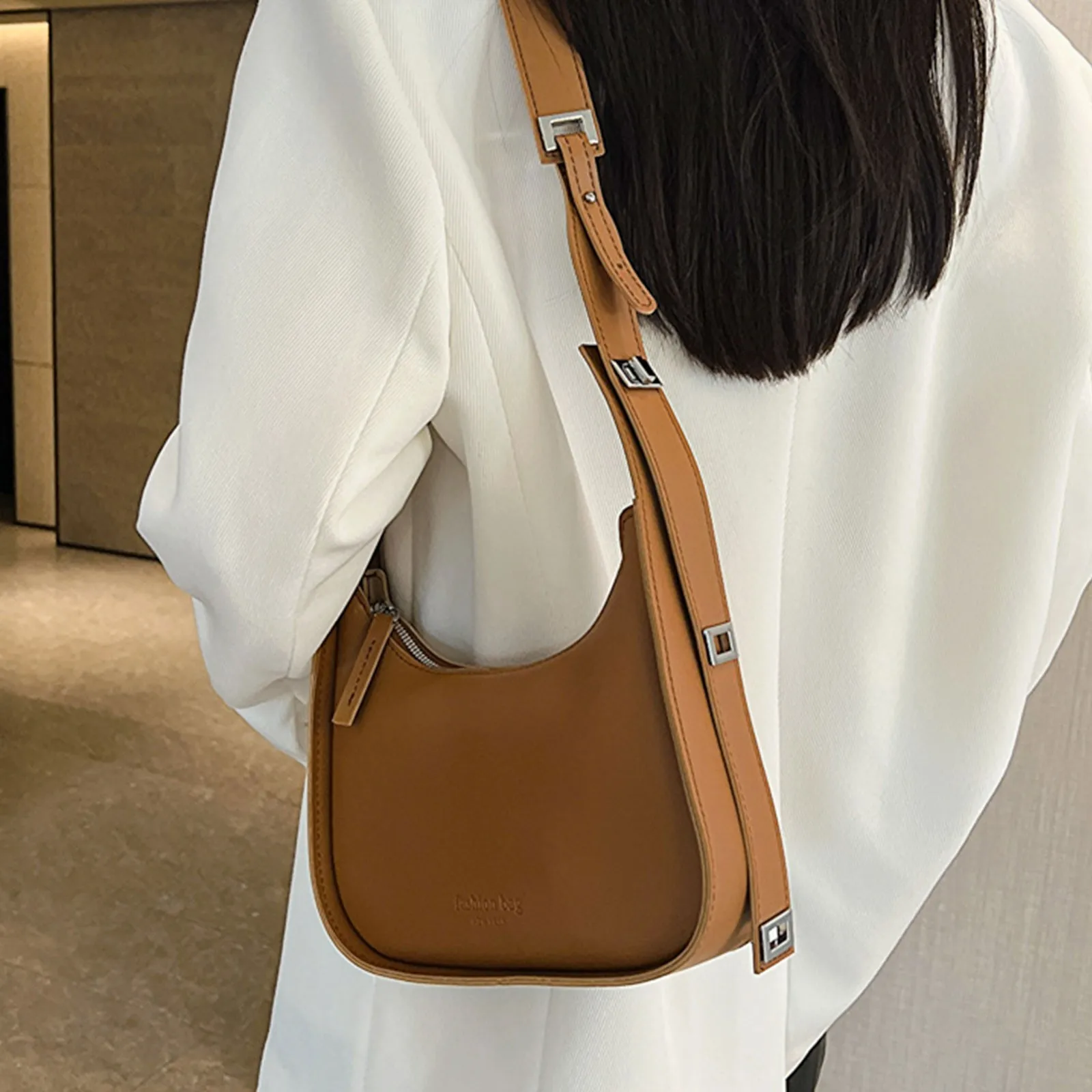 Ladies’ Minimalist Vintage Solid Color Armpit Handbag With Zipper Casual And Versatile Single Shoulder Crossbody Commute Bag