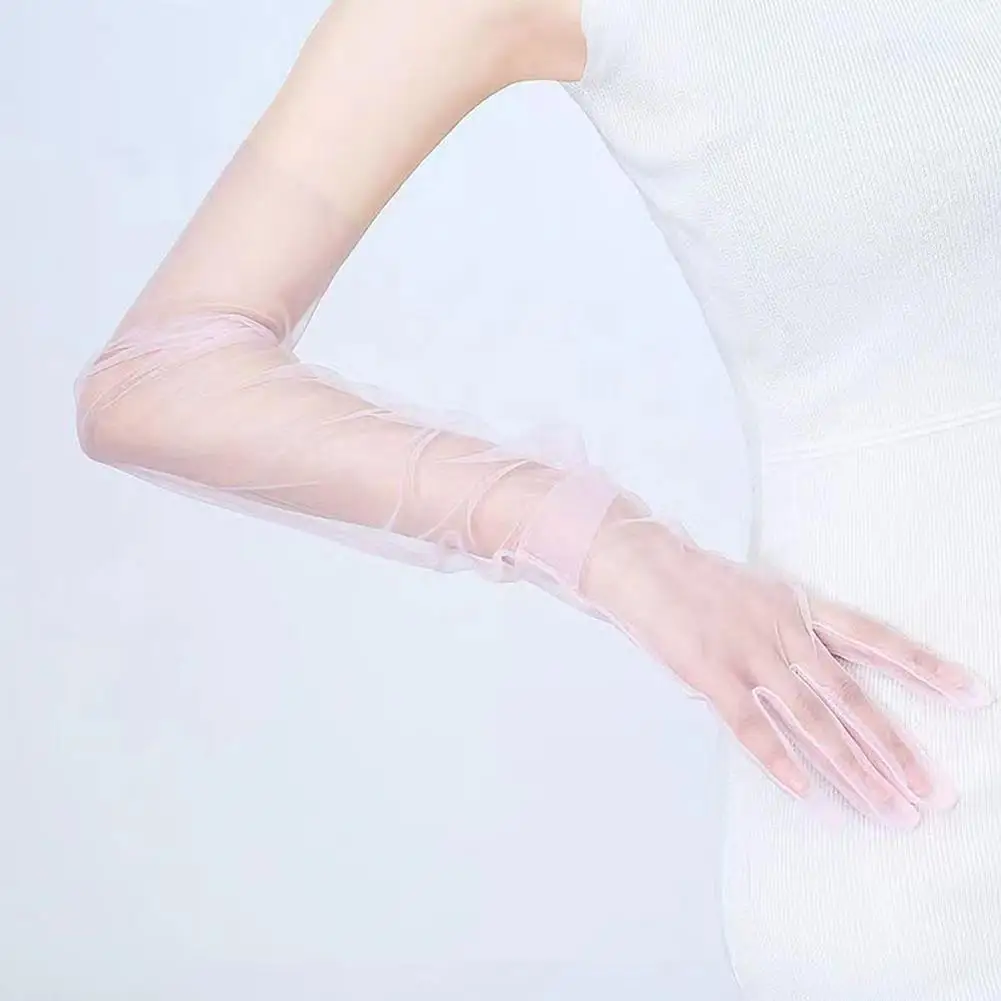 Fashion Long Sheer Tulle Gloves Ultra Thin Stretchy Full Finger Mittens Mesh Elbow Wedding Bride Gloves Drive Sunscreen Mittens
