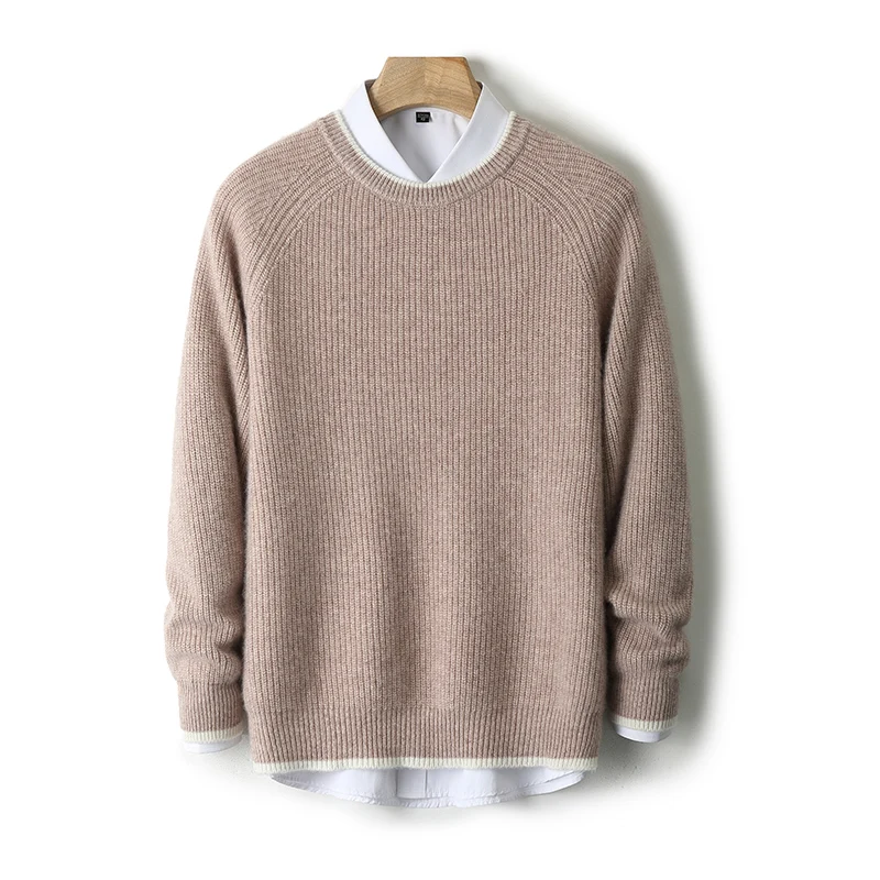 Men's 100% Merino wool men's round neck gold ingot needle seven needle double stranded thick pullover color blocked sweateryouth