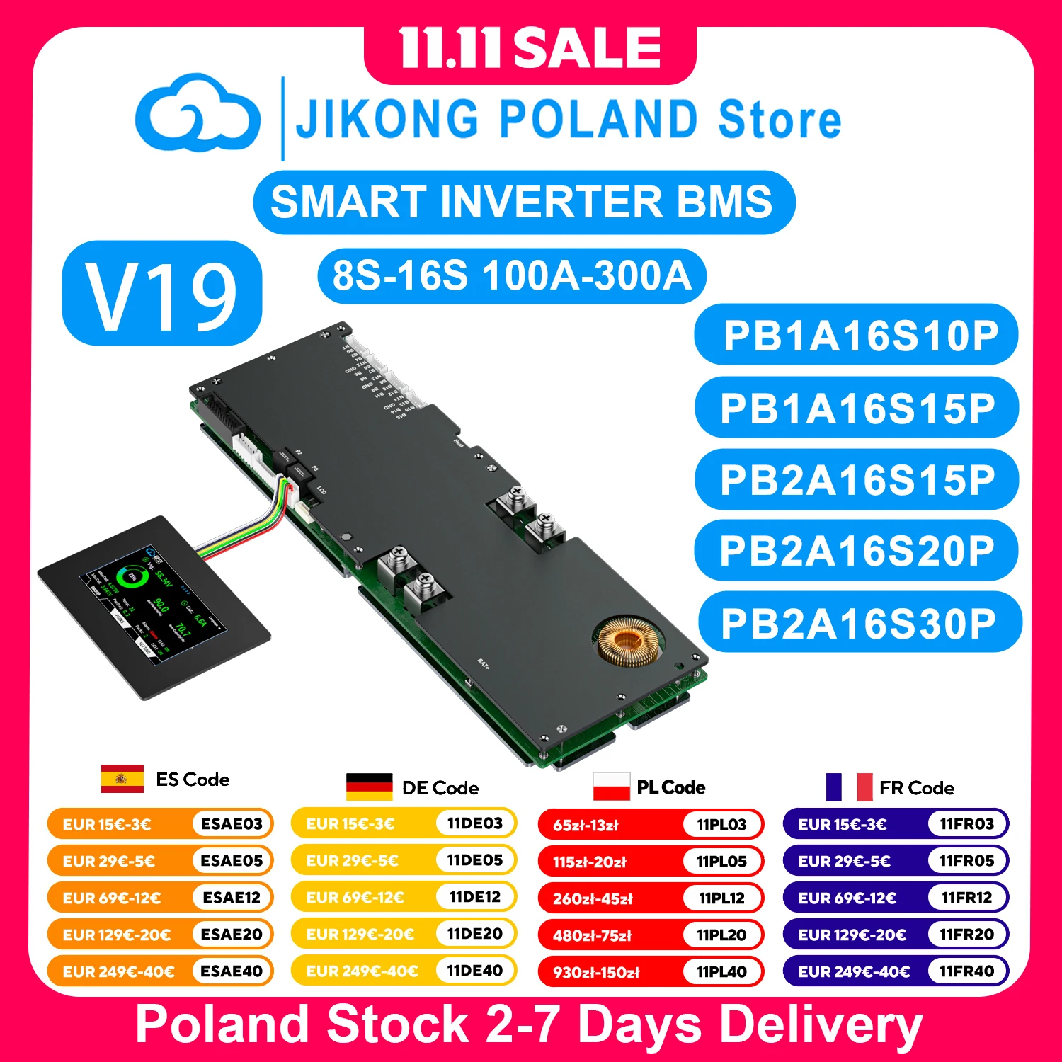 JIKONG Energy Storage BMS V19 Version 8S~16S Current 1A 2A Active Balancer with BT RS232 RS485 CAN Heat URAT Lifepo4 Li-ion Lto
