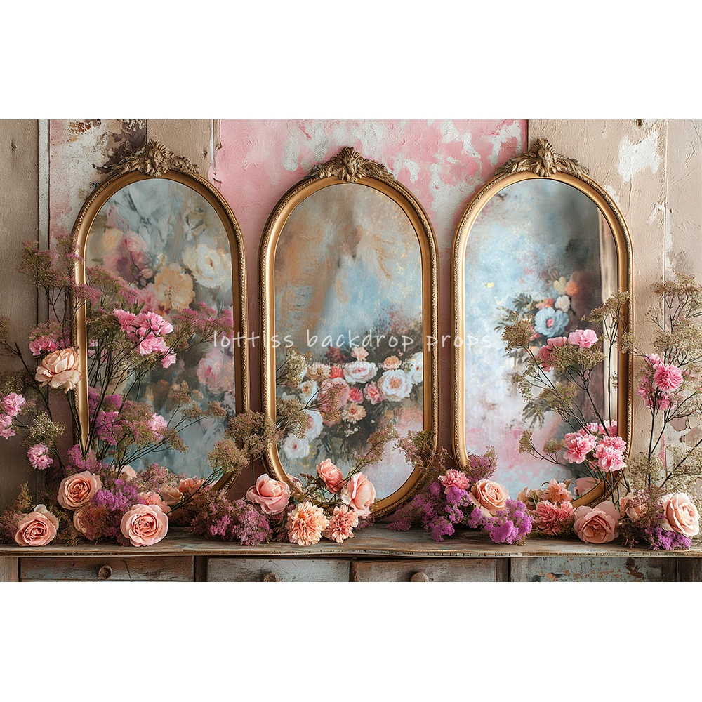 Floral Fanciful and French Room Backdrops Kids Baby Photography Girl Woman Photocall Pink Flower Mirror Backgrounds