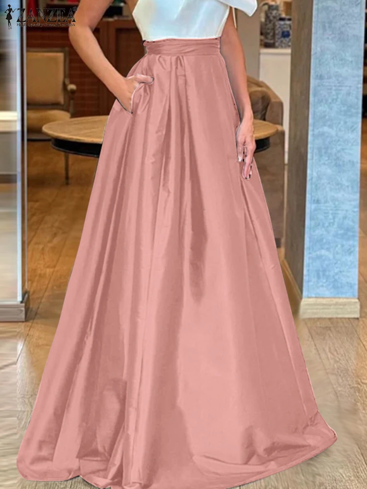 

Elegant Women High Waist Party Skirt ZANZEA Satin Long Jupe Stylish Sundress 2025 Summer Elegant A Line Work OL Faldas Saia Robe