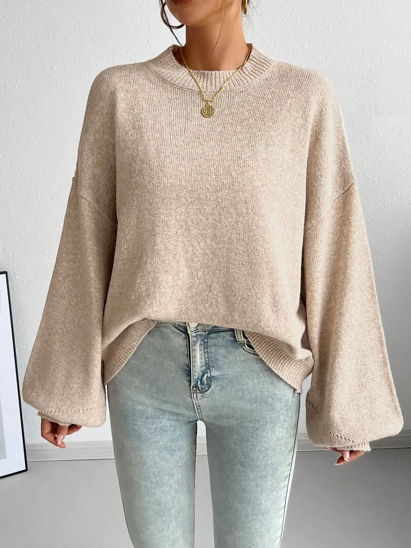 캐주얼 프렌치 스타일 루즈핏 크루넥 긴팔 니트 스웨터, 가을/겨울에 활용도 높음