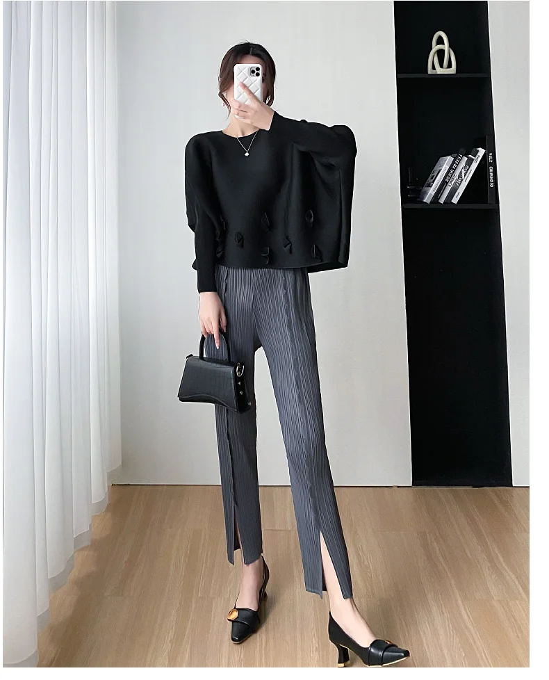 

HOT SELLING miyake Fashion fold solid ruffles The hem is split pants IN STOCK