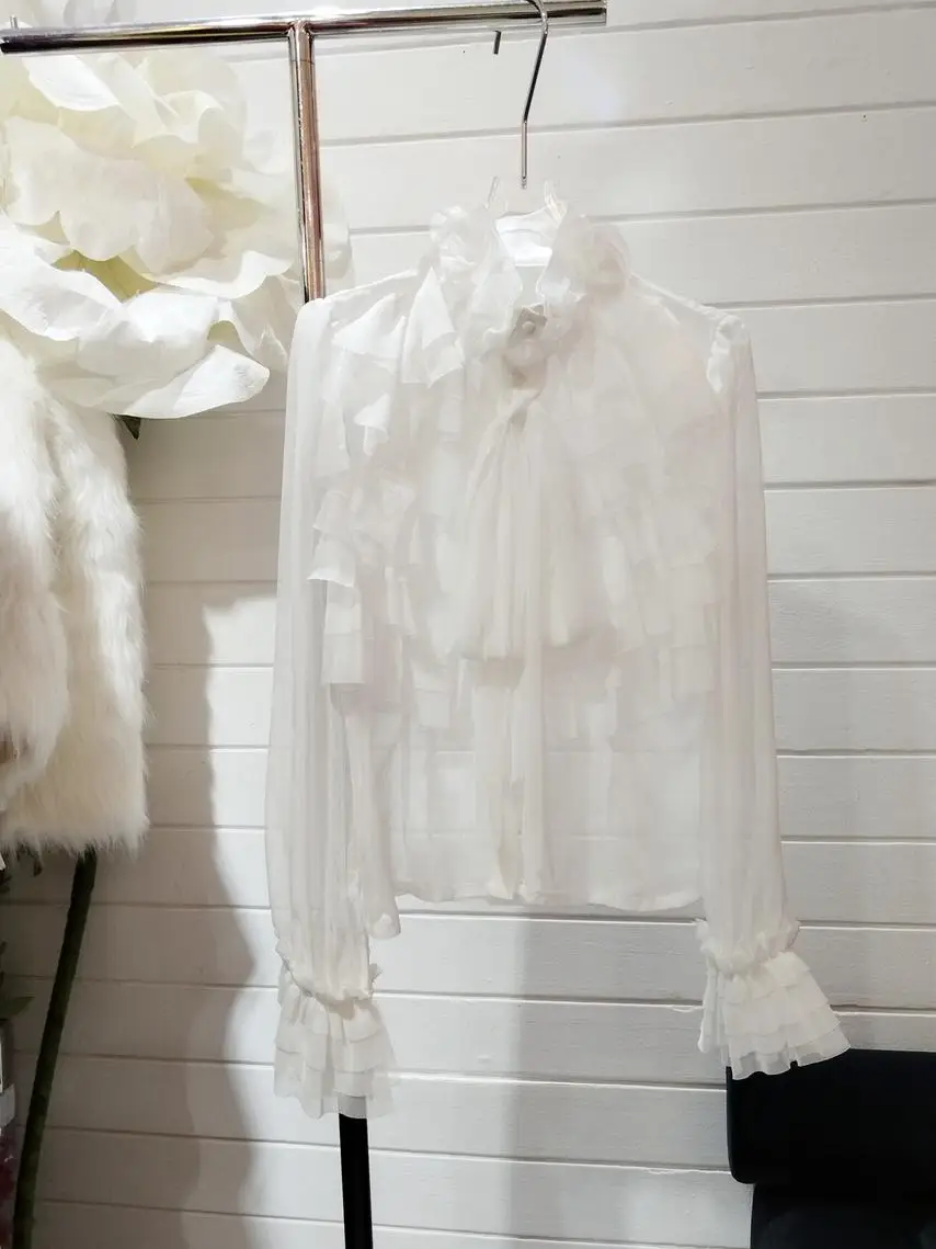 Schlankmachender Effekt Street Sle Stehkragen Mehrlagiger Saum Chiffon-Kleid Damen Luxuriöses Blumenmuster Langes Freizeitkleid