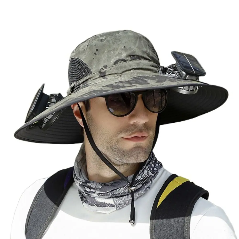 2 Solar Fan Sun Hat with Solar Fan Breathable Waterproof Wide Brim Sun Hat Sun Protection USB Recharging Sun Bucket Hat Men