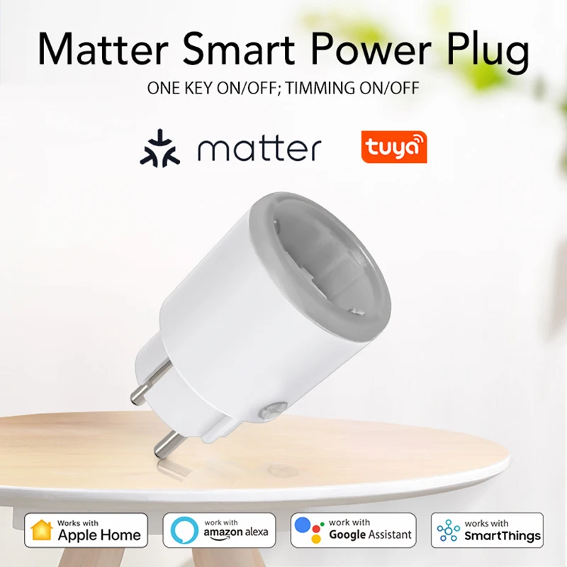 Matter 16A Wifi Smart Socket EU Plug with Power Monitor Tuya Smart Home Appliance Outlet Works with Homekit Alexa Google Home