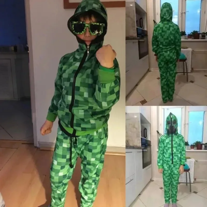 Crianças halloween crawler creepersw cosplay traje engraçado moletom com capuz jaqueta de festa de aniversário armadura verde c-creeper anime terno