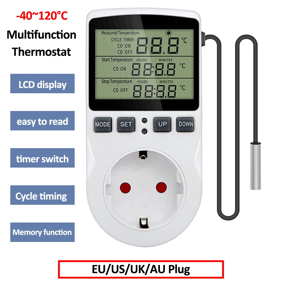 Temperature Controller Socket Digital Thermostat EU/US/UK/AU Plug Timer Socket Outlet Heating Cooling Switch With Sensor Probe