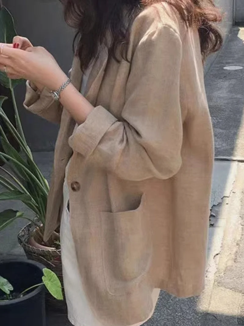 

Женский повседневный хлопково-льняной жакет ROUJE KEFSS, тонкий, весенне-летний, новинка, верхняя одежда, прямой крой