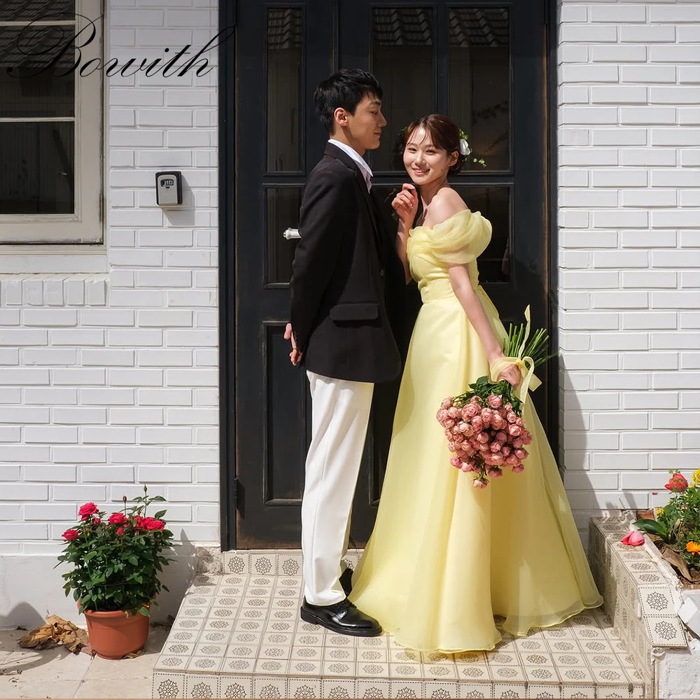 

Bowith Yellow Off the Shoulder Korean Wedding Dresses Customized A-line Reception Dress Bridal Gown Silk Organza Evening Dress
