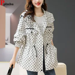 Print Drawstring Waist Hooded Trench Coats Mid Length Big Size 4xl Loose Vintage Gabardina Korea Women Fashion Windbreaker