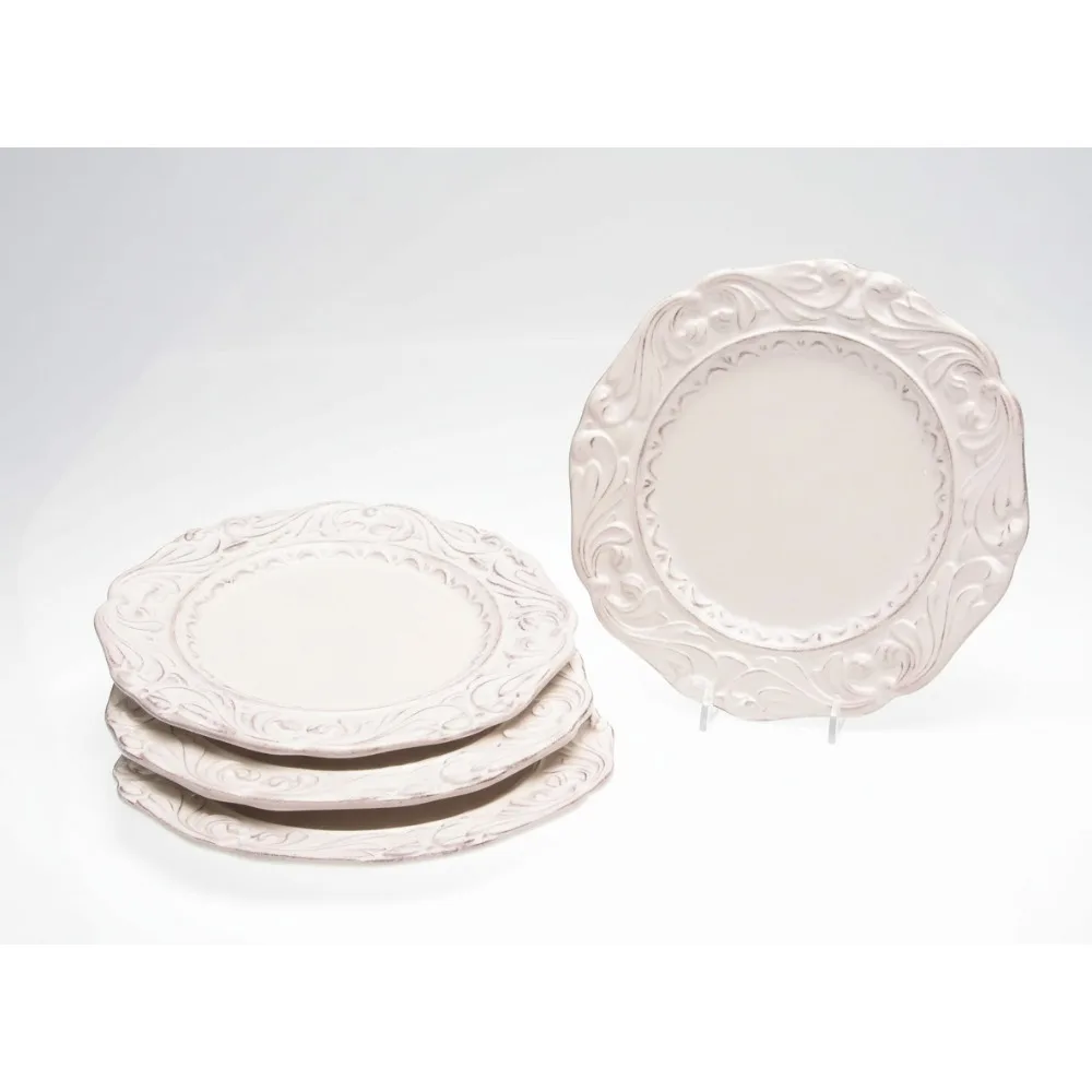 

Set of 4 Vintage Ceramic Dessert Plates - 9.5" Elegant White with Embossed Scroll Detail for Pastries & Entertaining
