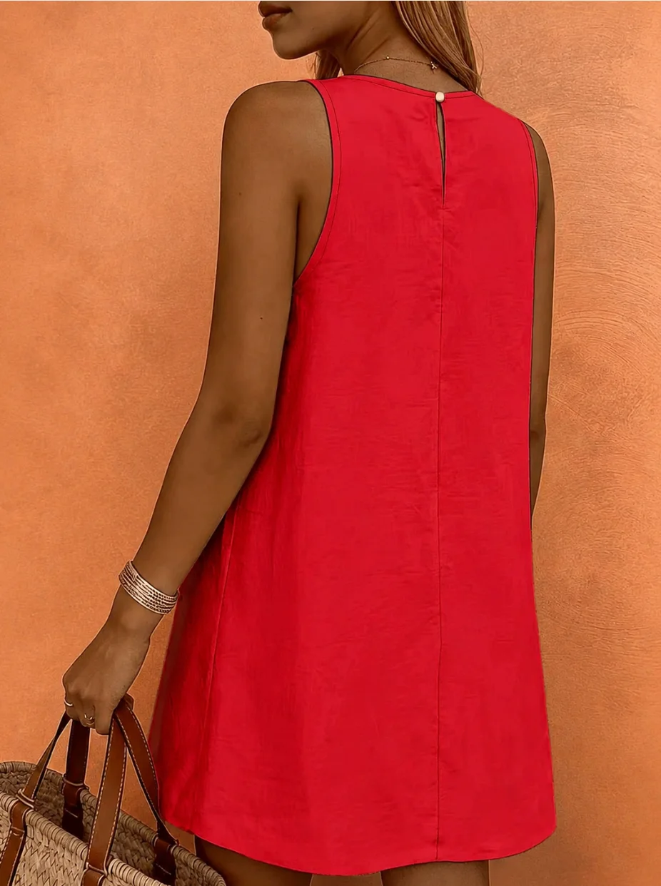 Einfarbiges, rotes, strukturiertes, ärmelloses Minikleid für Damen mit Rundhalsausschnitt, lockeres, fließendes A-Linien-Sommer-Strandkleid – Detail 2