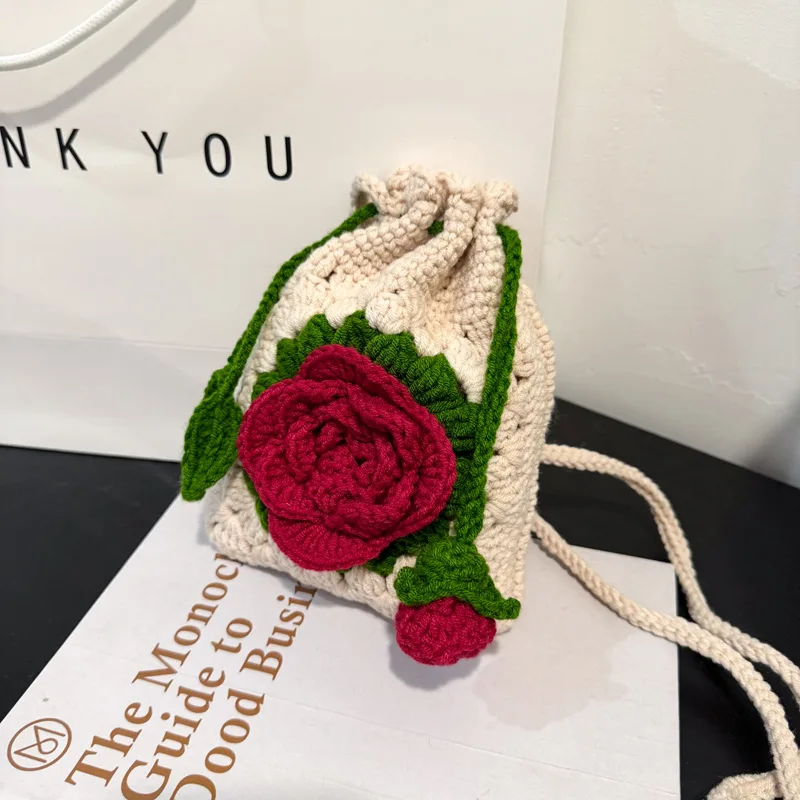 

New Korean Style Fresh Drawstring Shoulder Bag Cute Hand-Knitted Rose Flower Crossbody Bag for Women