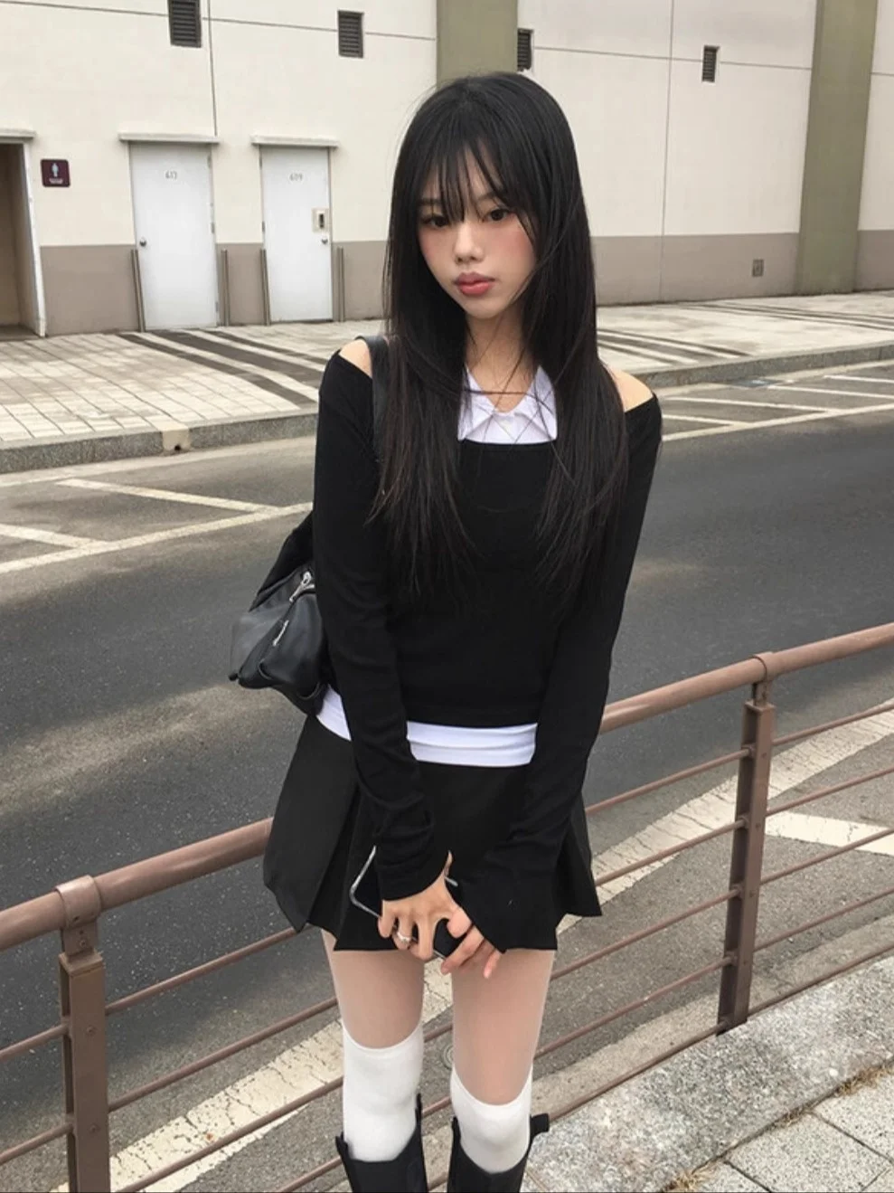 Street Style Sweet Cool Shoulder Bared One Shoulder Dress Pants Two Piece Set Unique SEI Faux Two Piece Patchwork Long Sleeve...