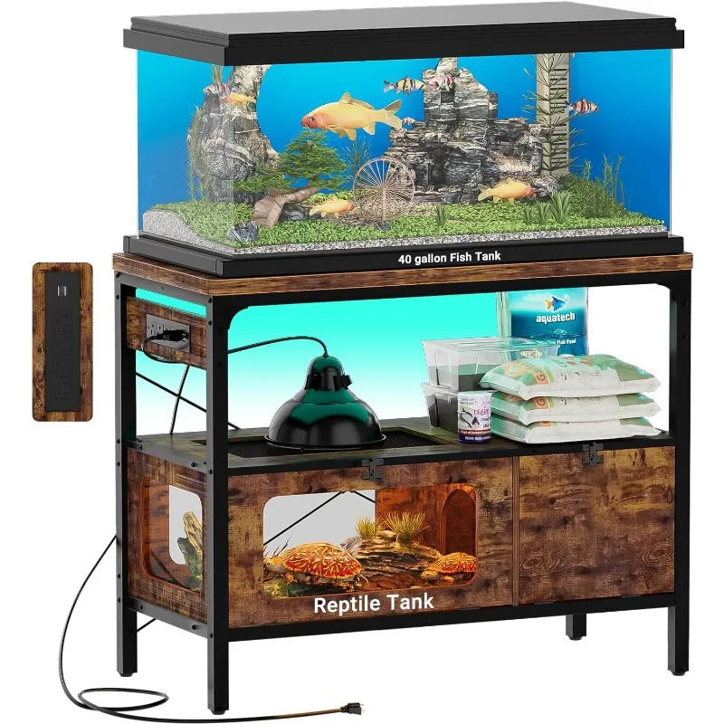 40 Gallon Tank Stand with Power Outlet & LED Light, Aquarium Stand with Reptile Tank,