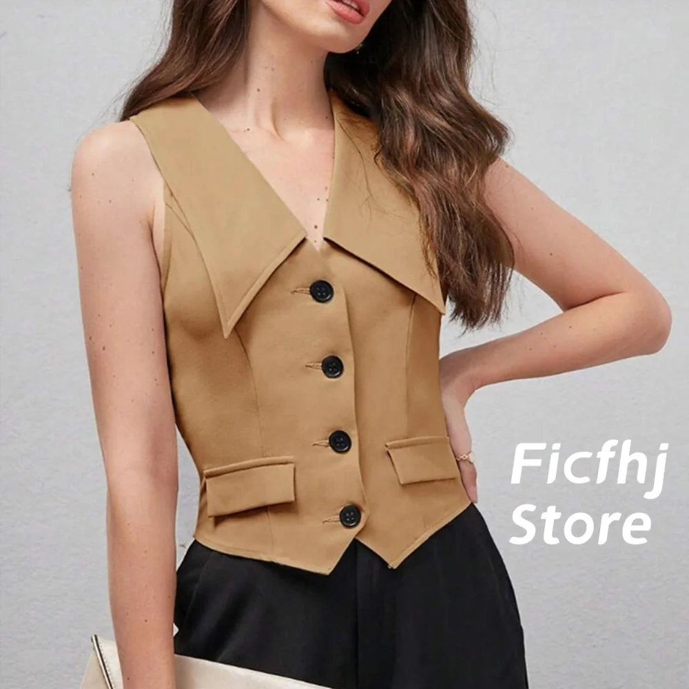 Women's Vest Sleeveless Notched Lape Single Breasted Khaki Fashion Vest High Quality Woman Clothing Top chalecos para mujeres