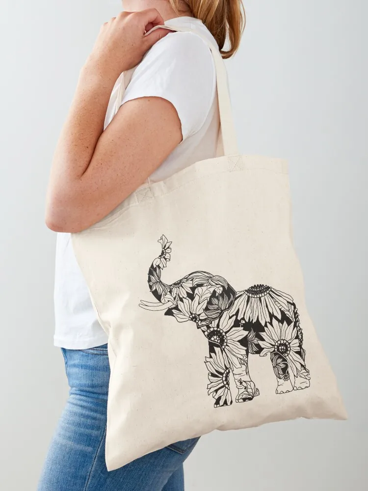 Sunflower Elephant - B&W Tote Bag حقائب كبيرة للنساء حقيبة تسوق نسائية قماش حقيبة قماش للمتسوقين #1