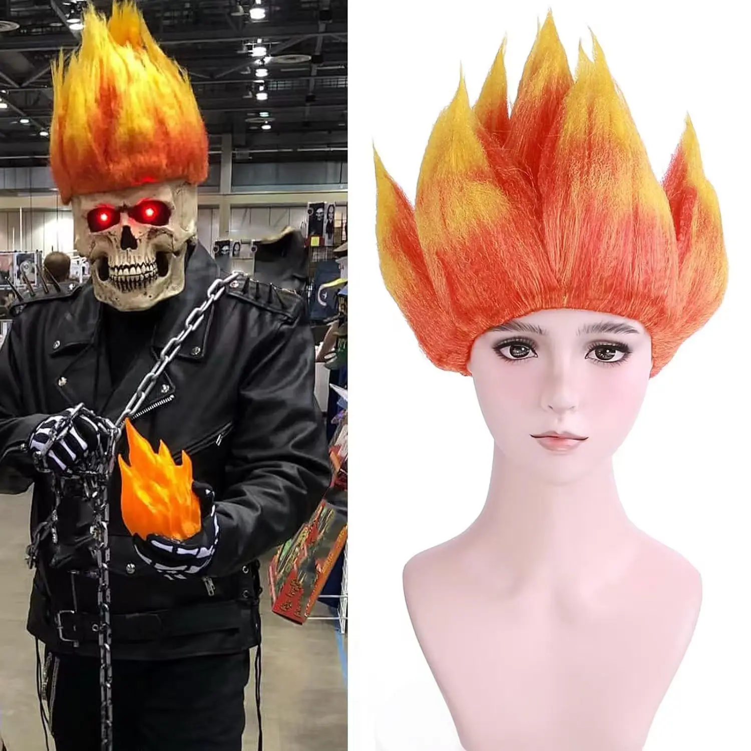 Heat-Resistant Anime Flame Wig Pre-Styled Spiky Dual Orange & Yellow Synthetic Fiber Short 12 Inch Cosplay Halloween Party Wig