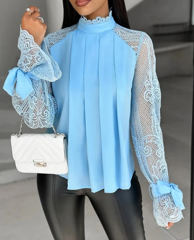 

Повседневные женские топы, модные блузки, контрастные кружевные топы с завязками, рюшами и длинными рукавами, воротником-стойкой, элегантный женский пуловер, рубашка