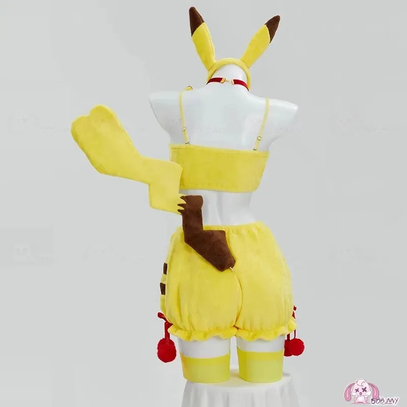 Pikqiu Cosplay Derivative Set di Lingerie Sexy Peluche Pigiama Homewear Kawaii Soffici Top Corto e Pantaloncini con Coda di Fascia