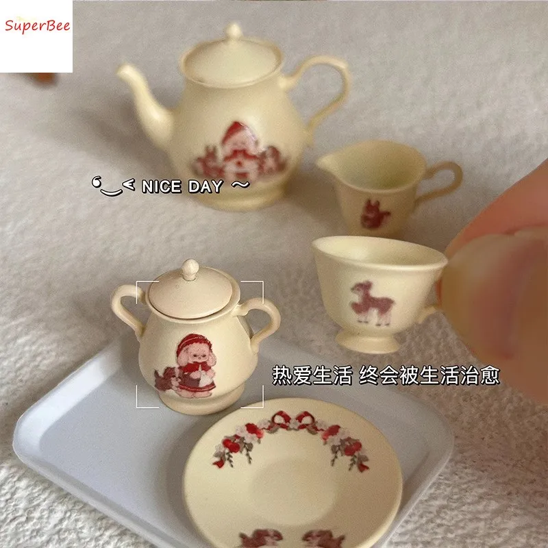 Dollhouse Mini Simulation Alloy Tea Set Teacup Food Model Doll House Miniatures Items Furniture Decoration Accessories