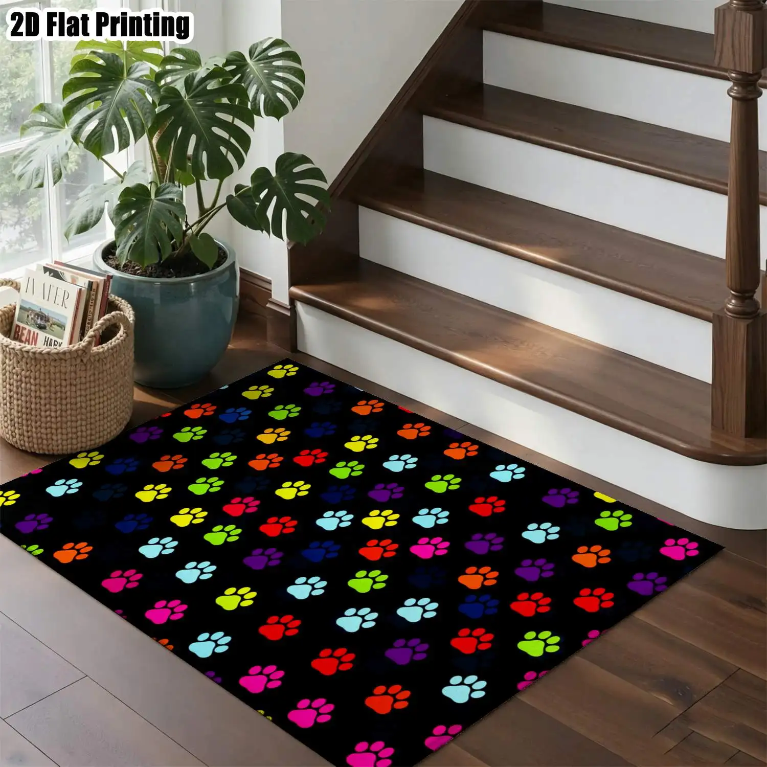 1Pc 2D Printed Colorful Paw Print Nordic/Instagram-Style Carpet, Modern Minimalist Vintage Floor Mat, Multi-Size, Machine-Washable, Home Decor for Entrance/Dining/Foyer/Bedroom/Living Room