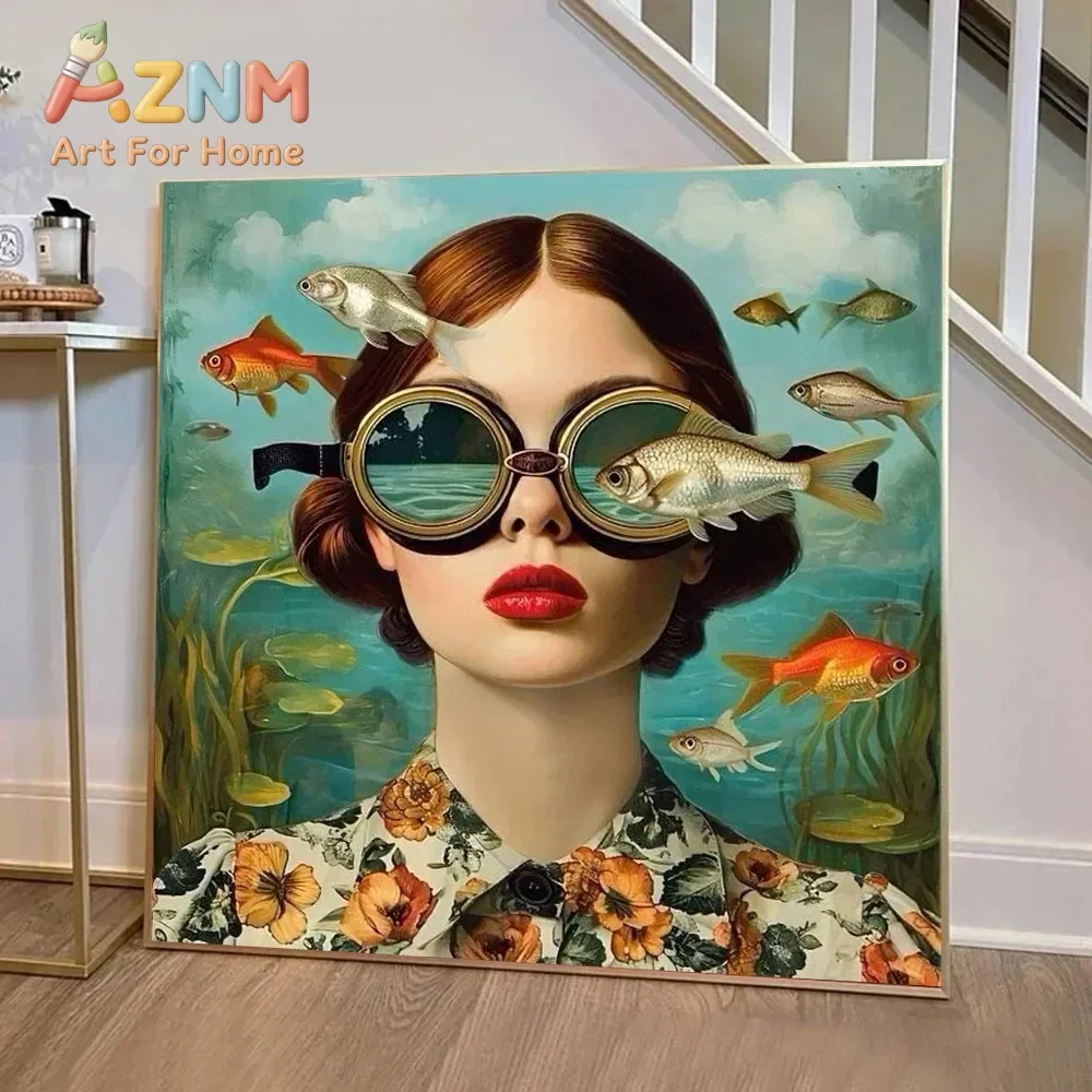 Glasses Woman With Flowers Nordic Boho Wall Art Canvas Painting Butterfly With Girl Portrait Poster For Living Room Home Decor
