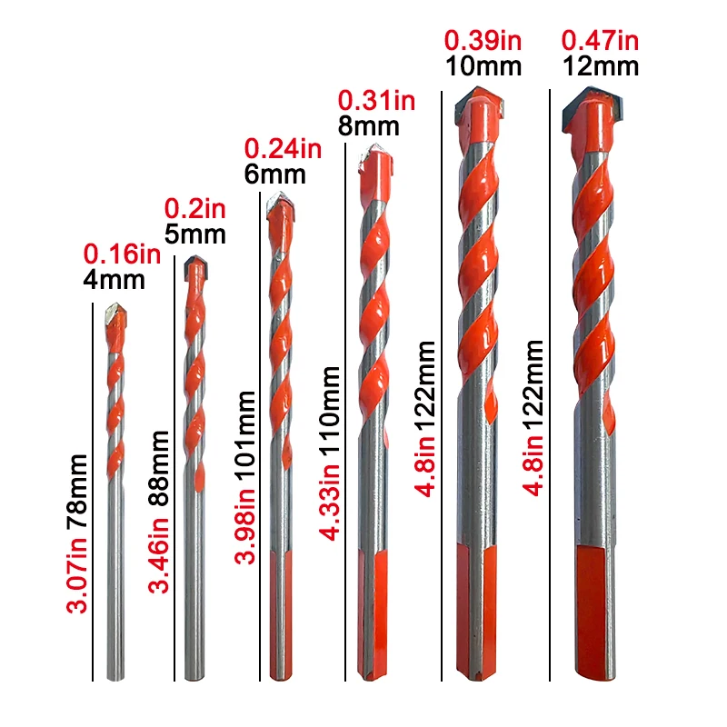 6pc Multi-functional Triangle Glass Drill Bit Set Carbide Tipped Ceramic Tile Cutter 4/5/6/8/10/12mm Brick Wall Concrete Wood