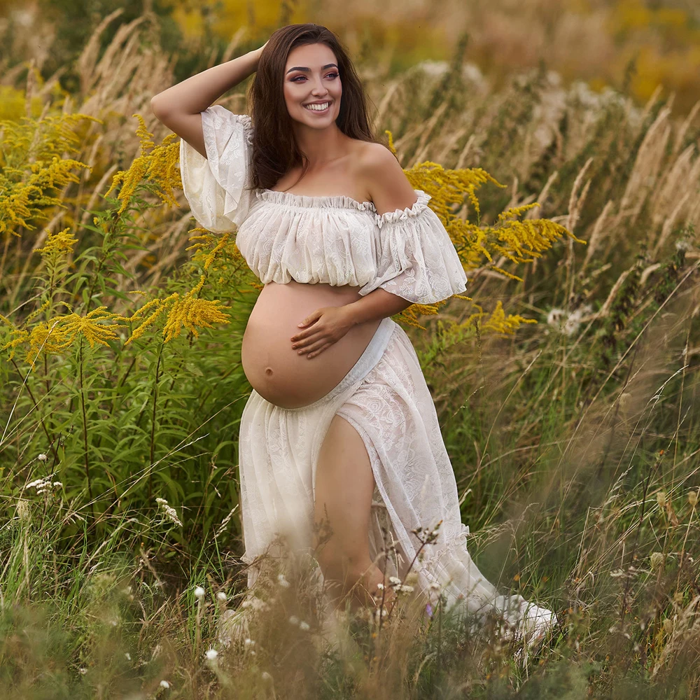 Abito premaman per servizio fotografico elegante due pezzi pizzo bianco abiti premaman bohémien riunioni di gravidanza vestito da docce per bambini