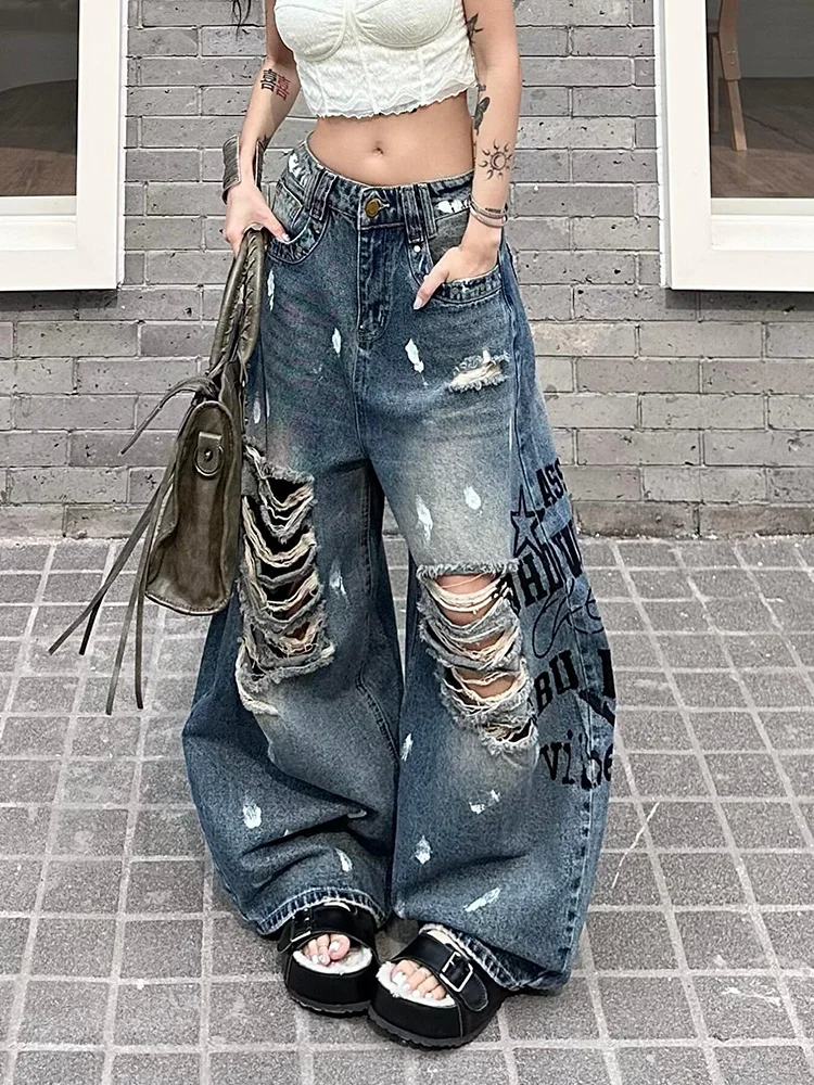 

Американские джинсы с принтом «Hot Girl», свободного кроя, с высокой талией, женские летние повседневные рваные джинсы прямого кроя в уличном стиле